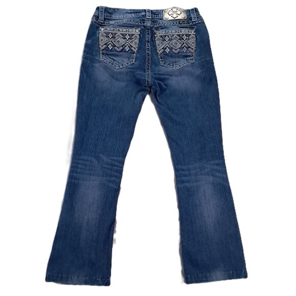 Miss Me Jean Womens 31x28, Tag 30x32 Blue Denim Bootcut Embellished Hemmed Up - Picture 1 of 16